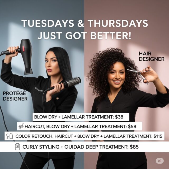 TUESDAYS & THURSDAYS JUST GOT BETTER
Whether you're craving a fresh cut, a deep treatment, or a curly styling session—our midweek specials are here to elevate your hair game without breaking the bank.
✨ Blow Dry + Lamellar Treatment — $38 ✨ Haircut, Blow Dry + Lamellar Treatment — $58 ✨ Color Retouch, Haircut + Blow Dry + Lamellar Treatment — $115 ✨ Curly Styling + Ouidad Deep Treatment — $85
Available with our Protégé and Hair Designers every Tuesday & Thursday at Anasa Hair Studio. Limited spots—book early and treat yourself to salon luxury at a sweet price.
#AnasaHairStudio #TemeculaHairDeals #MidweekGlowUp #SalonSpecials #HairCareElevated #CurlyHairExperts #LuxuryForLess