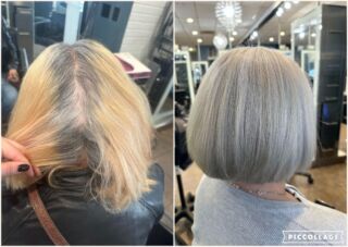 Achieve a flawless Grey Blending Full Highlight look like never before, thanks to our stylist Nadine's expertise! #HairColor #HairTransformation #BeautyTransformation #temeculasalon #temeculahair #anasahairstudio