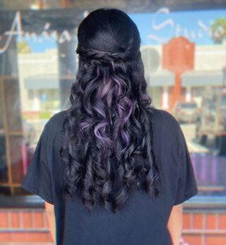 Embrace the bold and vibrant! 💜 Lindsay created this stunning purple highlights updo for our lovely guest. #VividHair #PurpleHighlights #HairSalon #temeculasalon #temeculahair #anasahairstudio