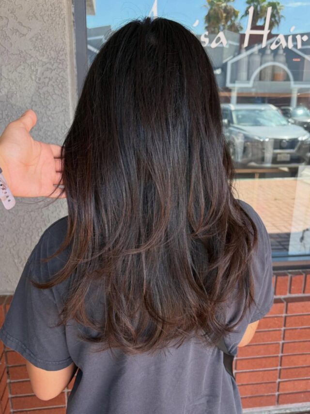 Layers with serious movement. Cheyenne cut this British layer style with plenty of face-framing bounce, then blew it out sleek and glossy for a finish that swings with every step. Deep brunette that catches the light in all the right places.
#anasahairstudio #temeculasalon #temeculahair #britishlayers #haircut #blowout #brunettehair