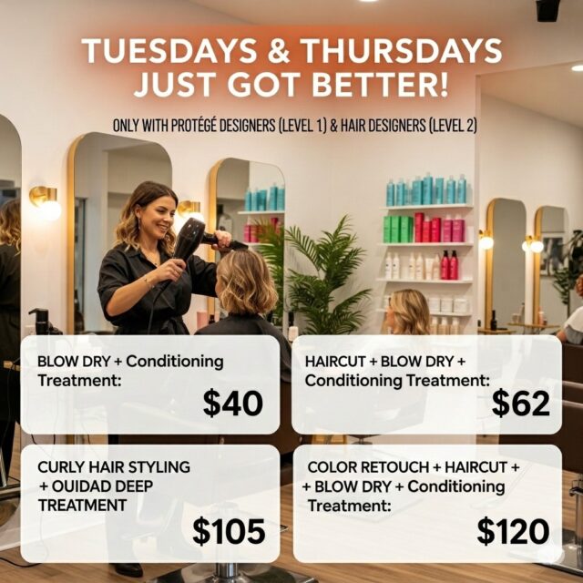 Tuesdays and Thursdays just got a serious upgrade. Book a blow dry, haircut, curly styling, or color retouch with our Protege Designers or Hair Designers and get great results at a Level Up price. Rising talent, real care, better value on select days.
Grab your spot before the week fills up.

#anasahairstudio #temeculasalon #temeculahair #leveluptuesday #levelupthursday #haircare