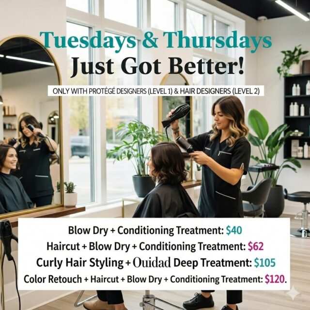 Two days, four ways to treat your hair right. Tuesdays and Thursdays our Protege Designers and Hair Designers are running specials that make it easy to stay on top of your hair care. $40 for a blow dry and conditioning treatment. $62 for a haircut, blow dry and conditioning treatment. $105 for curly hair styling with an Ouidad deep treatment. $120 for a color retouch, haircut, blow dry and conditioning treatment. Pick your moment and book it.
#anasahairstudio #temeculasalon #temeculahair #levelupspecial #haircare #salondeals