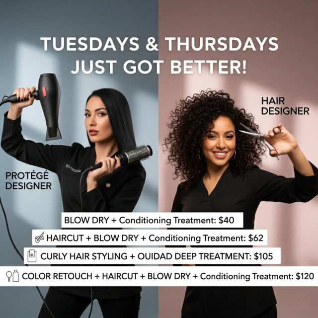 Level Up Tuesdays and Thursdays are here and the deals are too good to scroll past. Blow dry plus conditioning treatment for $40. Haircut, blow dry and conditioning treatment for $62. Curly hair styling with an Ouidad deep treatment for $105. Color retouch, haircut, blow dry and conditioning treatment for $120. Book with our Protege Designers or Hair Designers and treat your hair right this week.
#anasahairstudio #temeculasalon #temeculahair #levelupspecial #haircare #salondeals